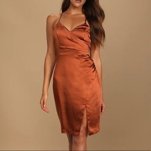 Hot Night Out Bronze Satin Surplice Faux-Wrap Dress